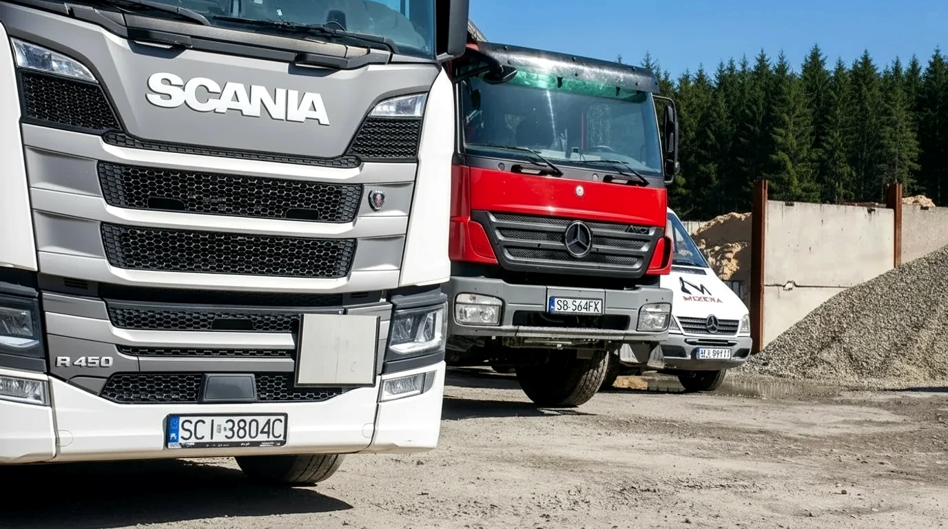 Mieszana flota Scania i Mercedes na placu.
